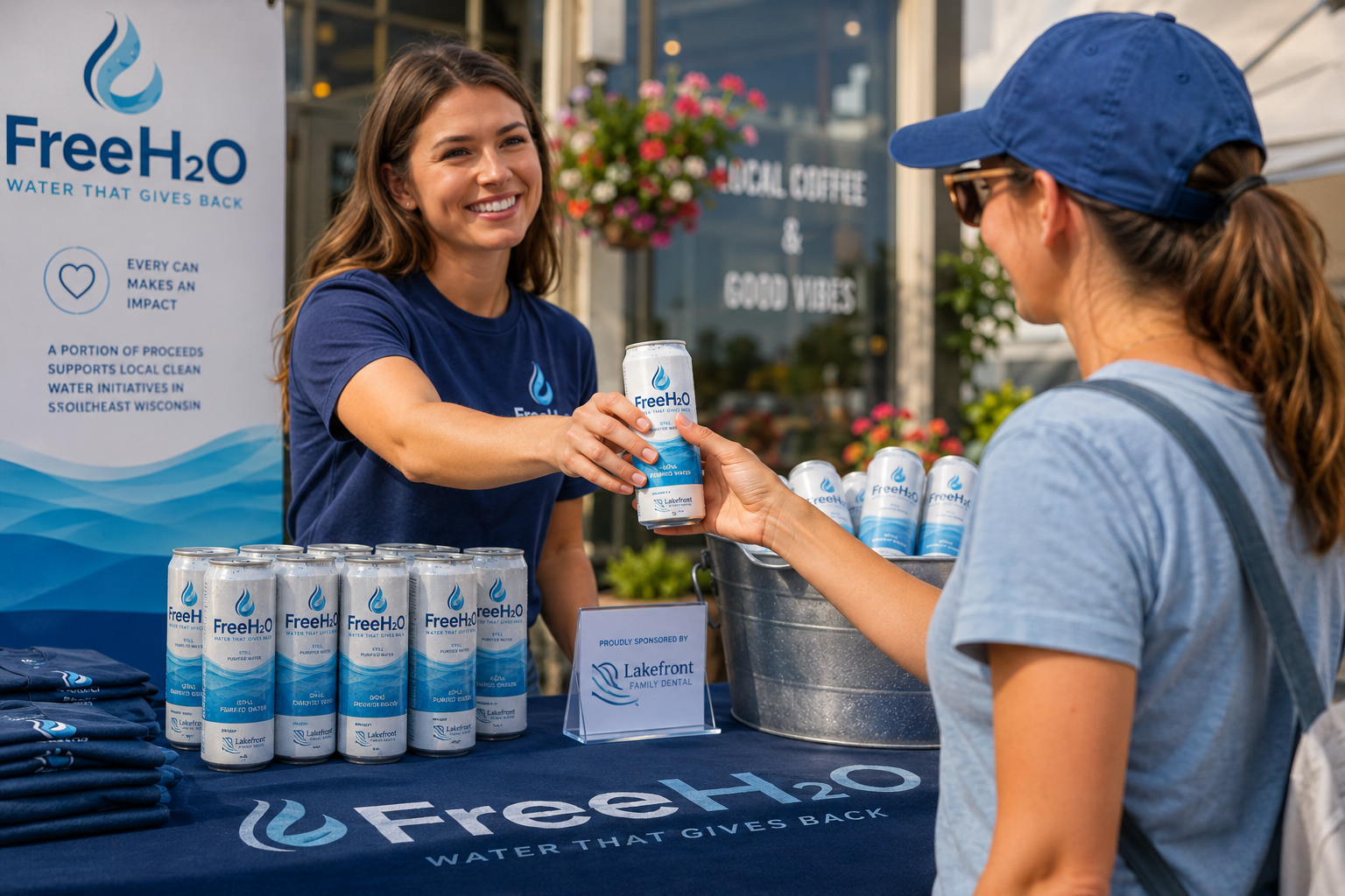 FreeH2O cans being distributed in a real local activation environment
