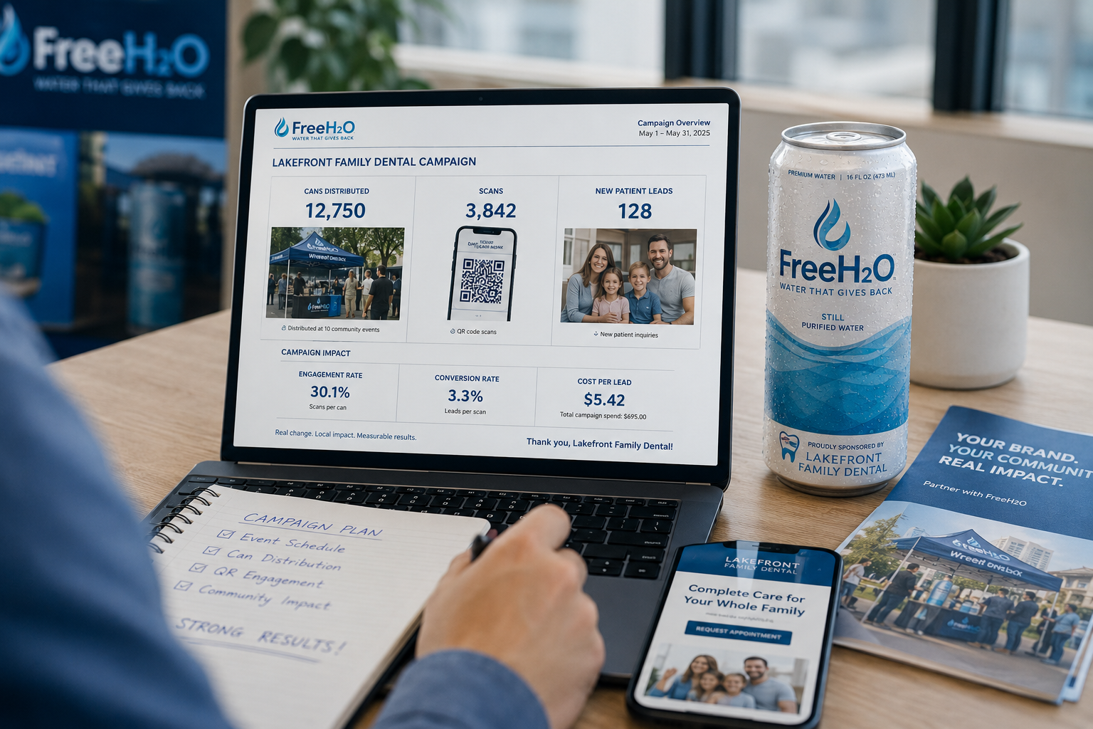 Campaign reporting workspace with branded can and measurement screen