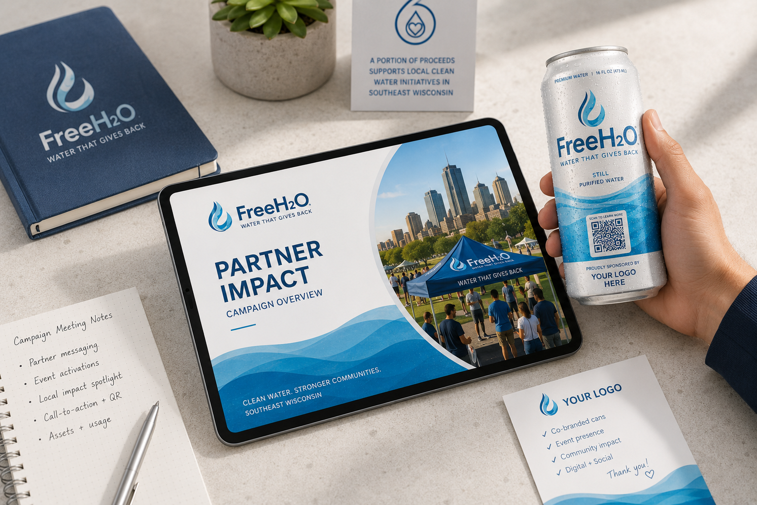 FreeH2O ad deck preview scene with aluminum can and professional sales materials