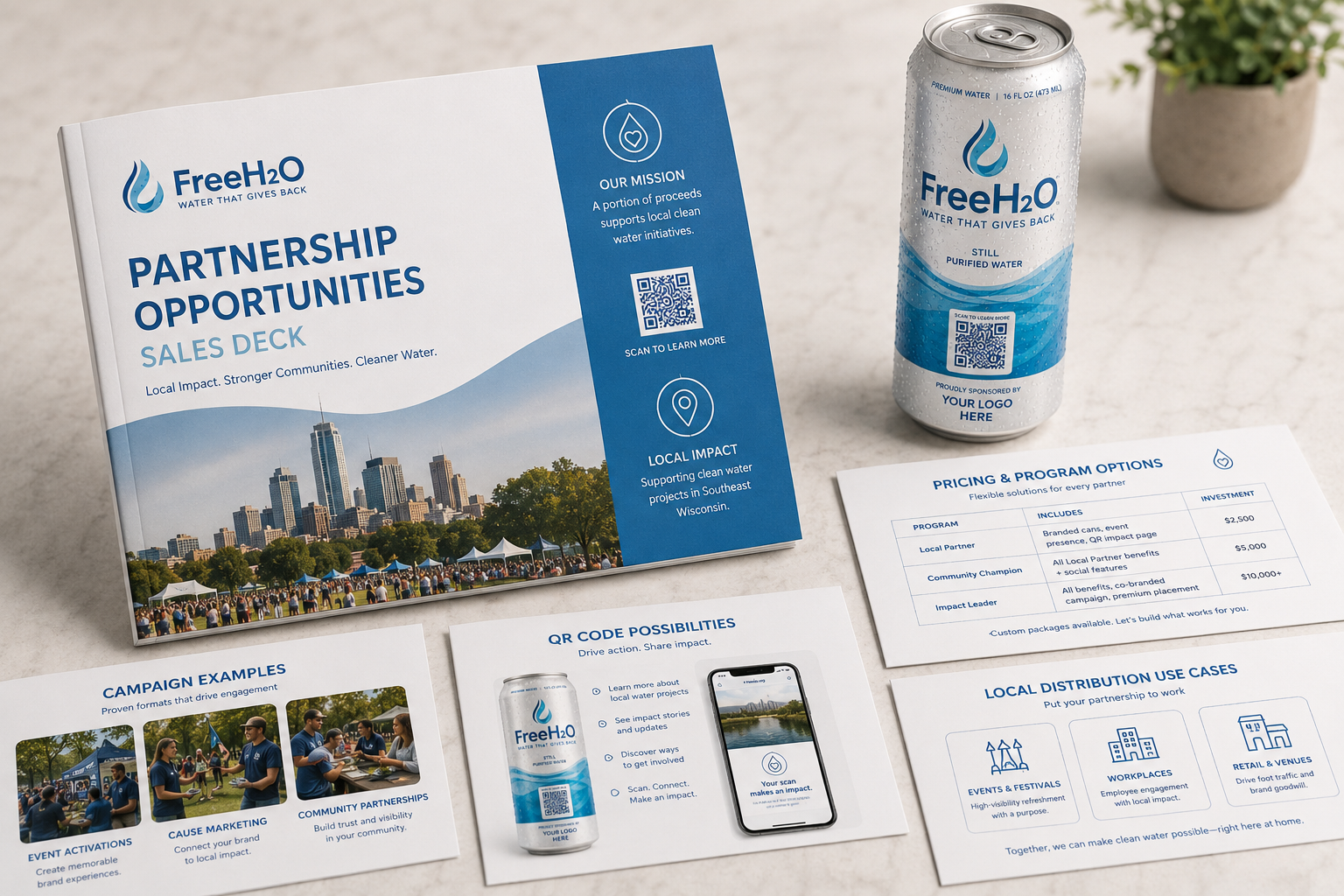 FreeH2O deck contents preview with pages and branded canned water