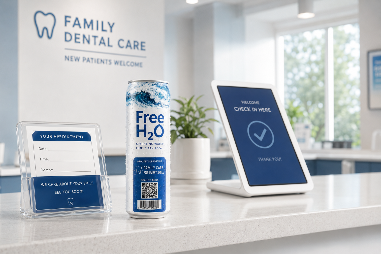 Dental-office–branded FreeH2O can on a reception counter beside patient check-in materials