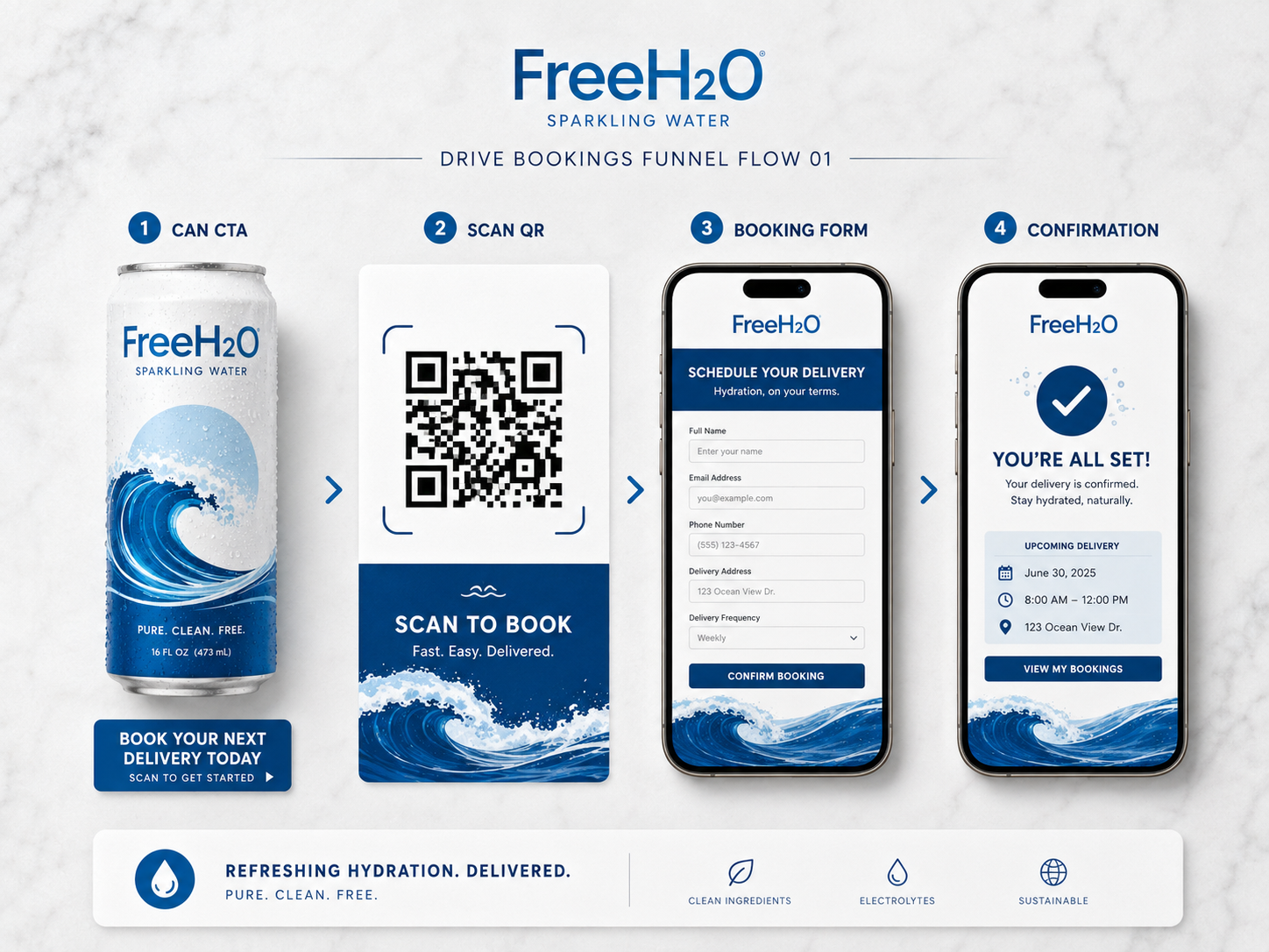 FreeH2O booking playbook funnel board showing can, QR scan, booking form, and confirmation
