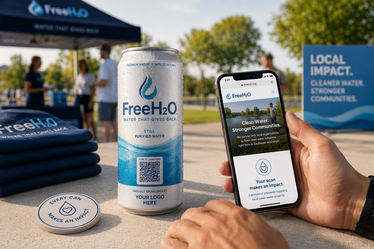 FreeH2O system story hero image showing branded aluminum can, QR action, and community impact context