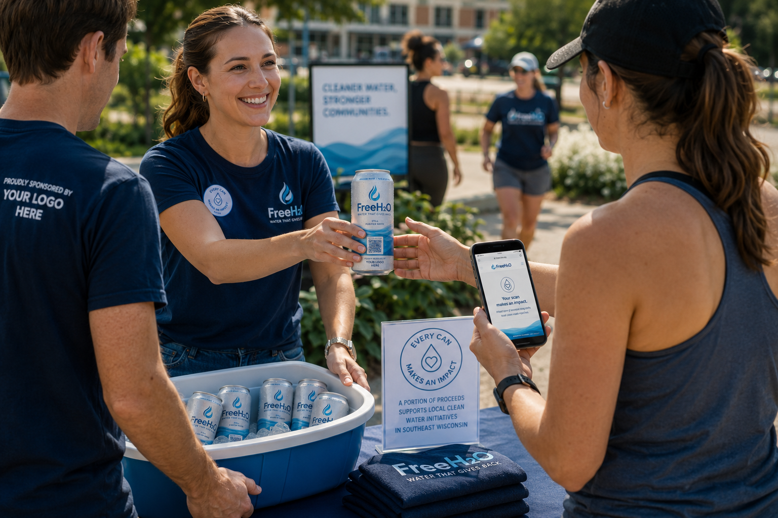 FreeH2O campaign flow image showing sponsored canned water being distributed in a local setting