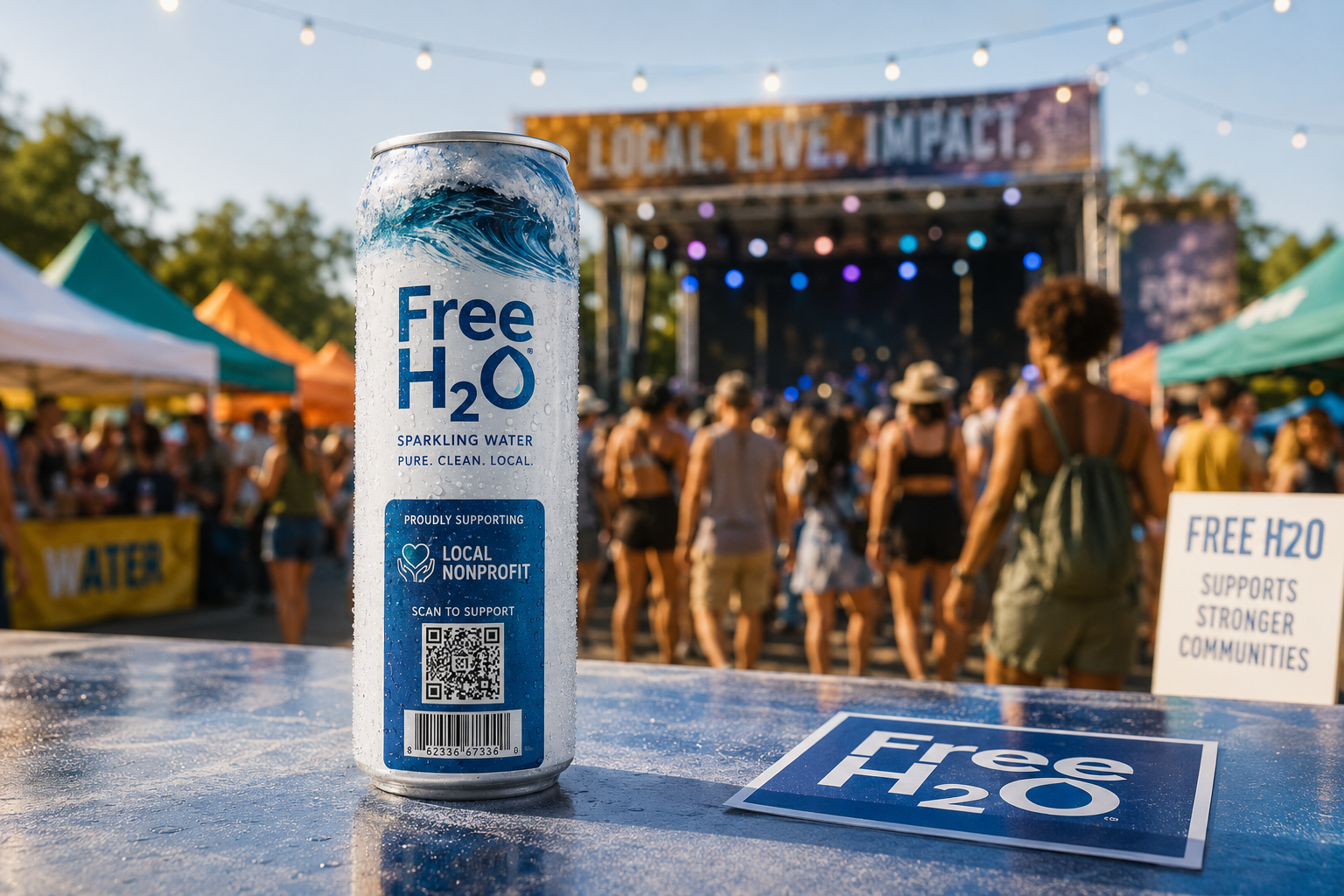Festival-branded FreeH2O can at a lively sponsor activation