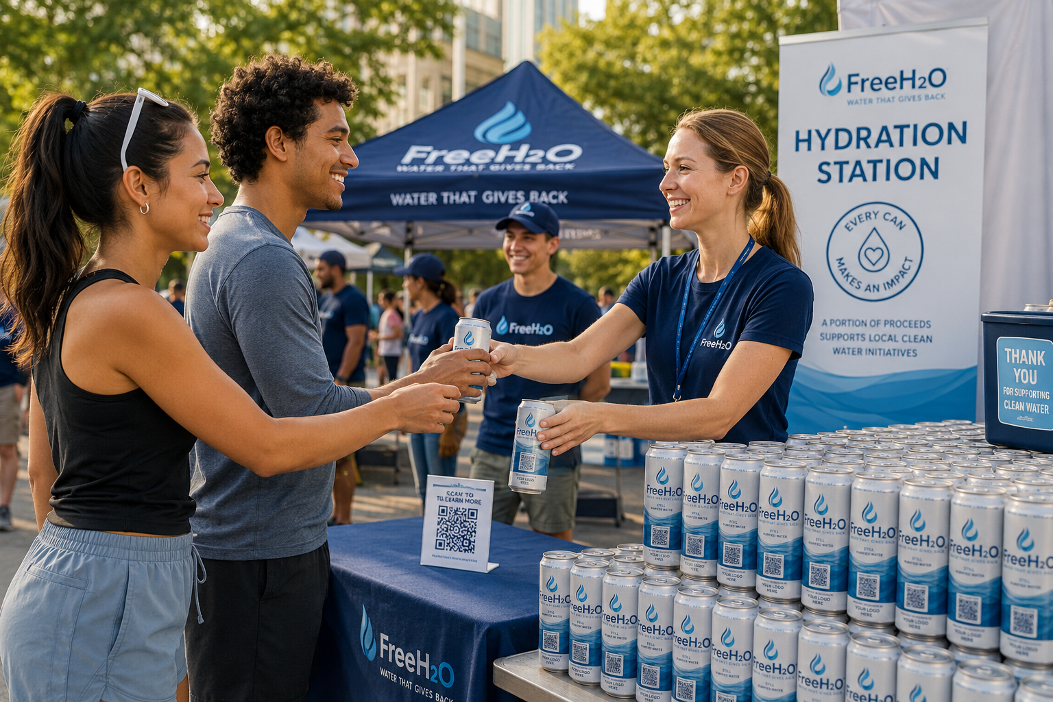 FreeH2O cans staged for local event distribution at a coordinated check-in and hydration table