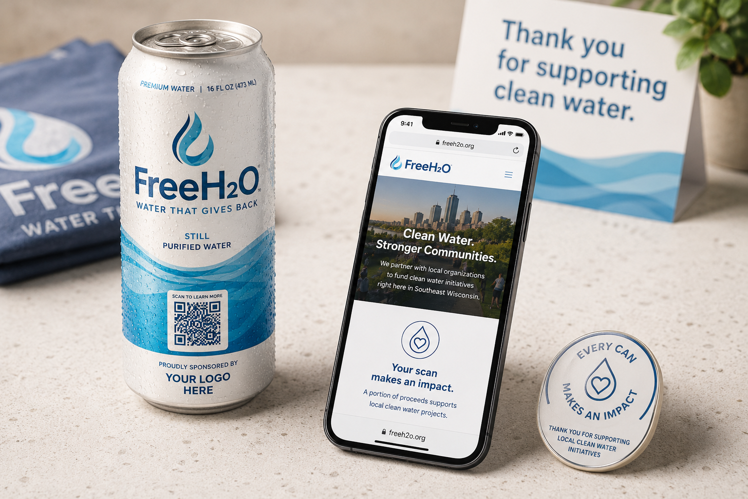 FreeH2O branded can beside a phone and impact cue showing how the model works