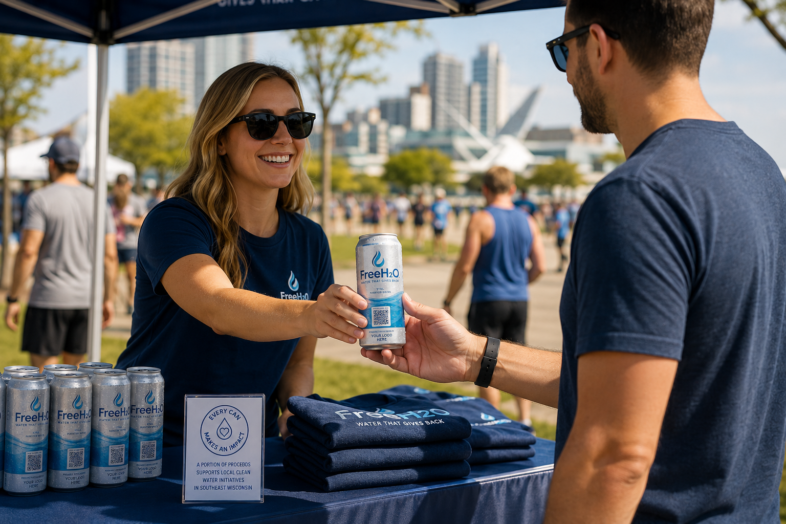 Branded aluminum canned water being handed to an attendee at a local sponsor activation