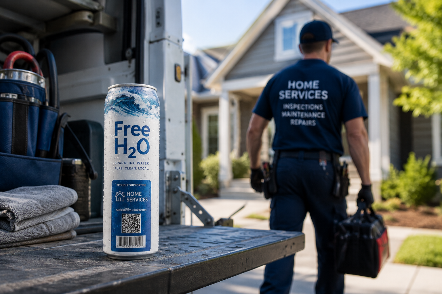 Home-services–branded FreeH2O can on a service-van work surface in a neighborhood setting