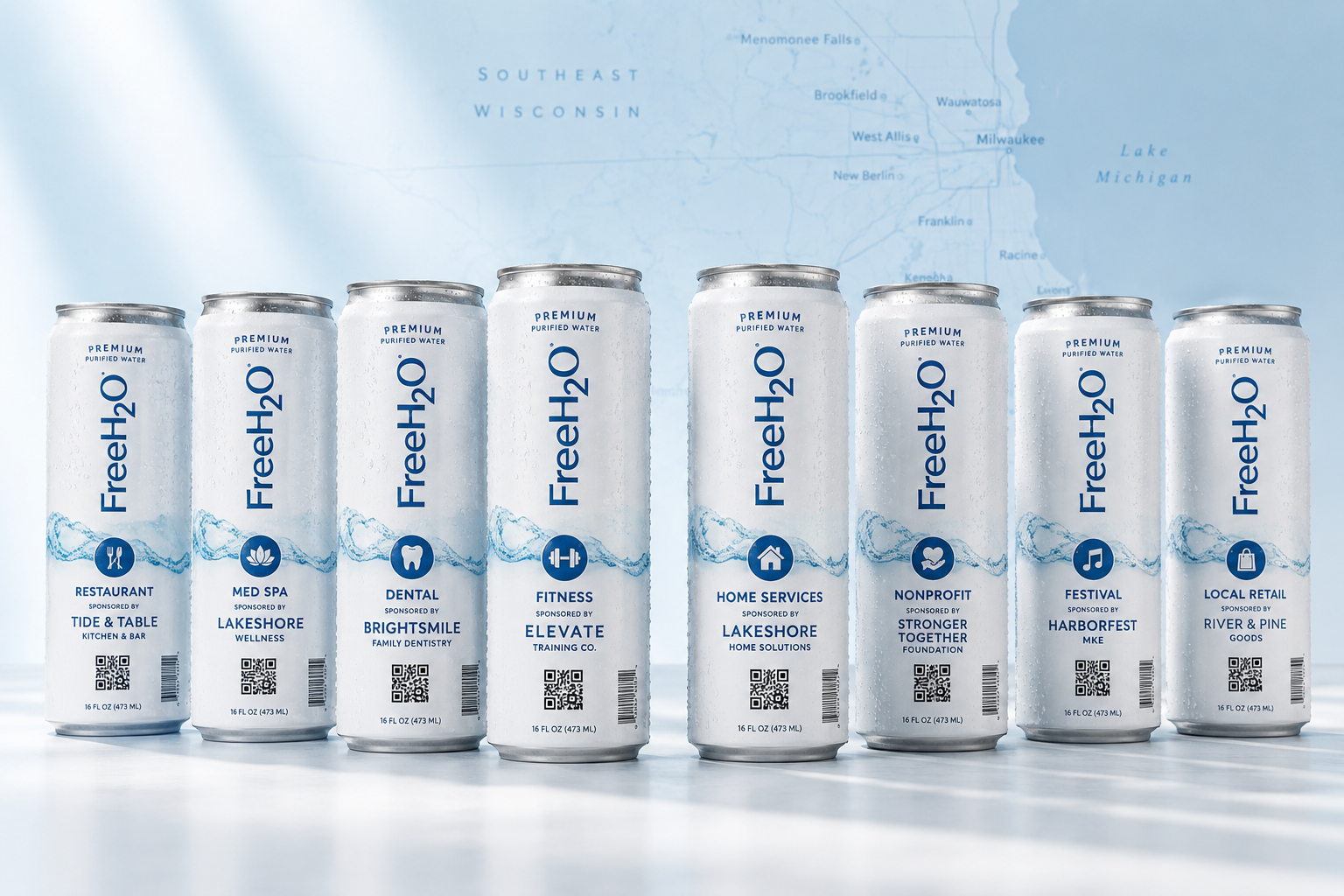 FreeH2O can lineup representing different industry campaign fits