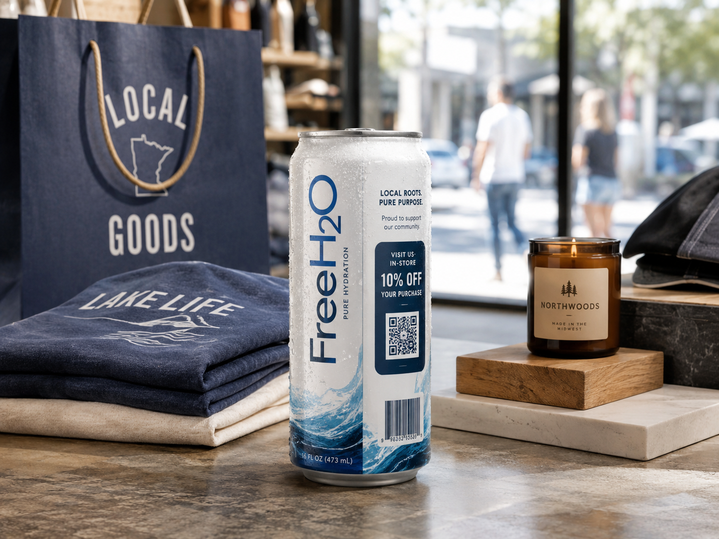 Retail-branded FreeH2O can in a polished storefront setting
