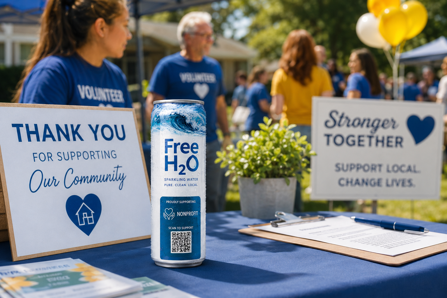 Nonprofit-branded FreeH2O can on a community fundraiser table