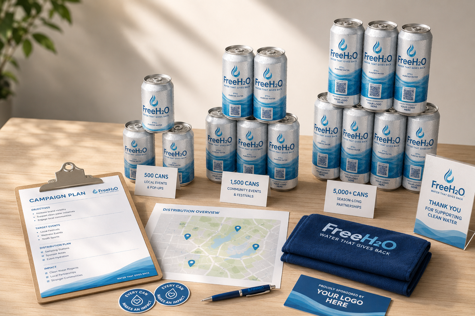 FreeH2O volume planning scene with branded aluminum cans arranged for campaign scale decisions