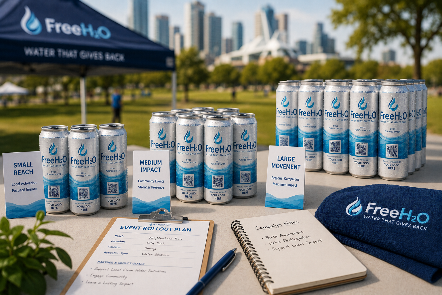 FreeH2O campaign volume guide image showing scaled aluminum can planning