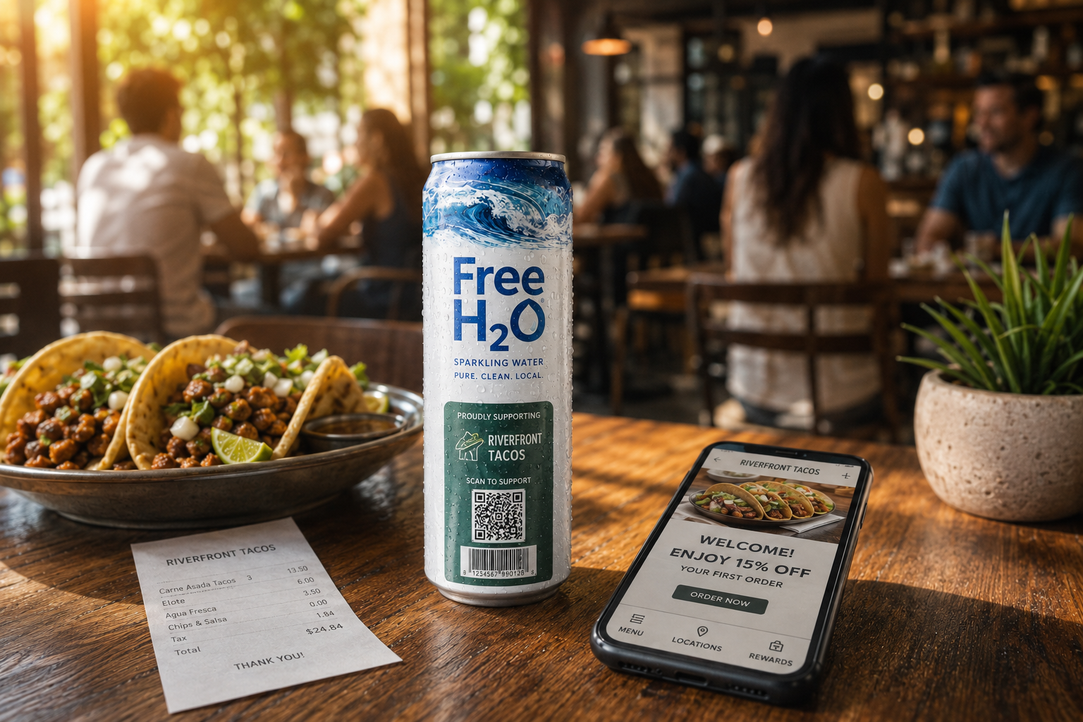 Restaurant-branded FreeH2O can on a neighborhood dining table beside a mobile offer page